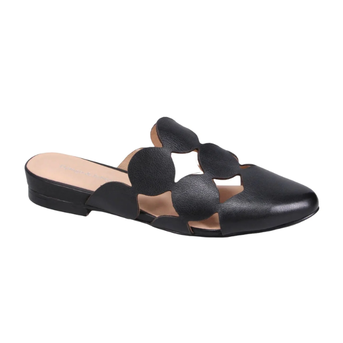 Leather Mules in black with circular cutout design and low heel.