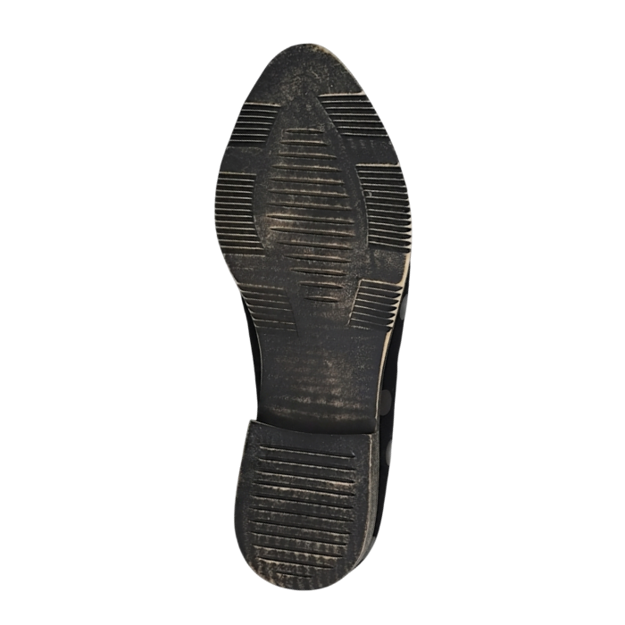 Black with brown dusting light treaded outsole with low stacked heel.