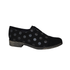 A black suede oxford-style shoe with metallic black polka dots, button elastic lacing system and low stacked heel.