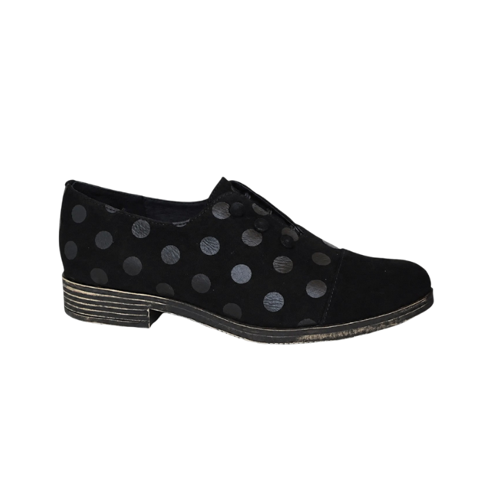 A black suede oxford-style shoe with metallic black polka dots, button elastic lacing system and low stacked heel.