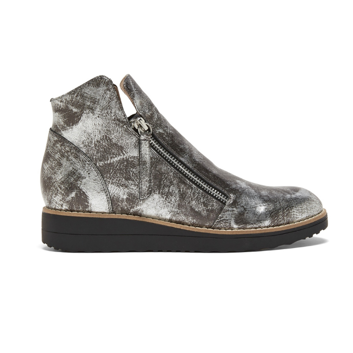 Gray distressed leather ankle boot with zipper and back rubber outsole.