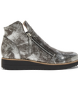 Gray distressed leather ankle boot with zipper and back rubber outsole.