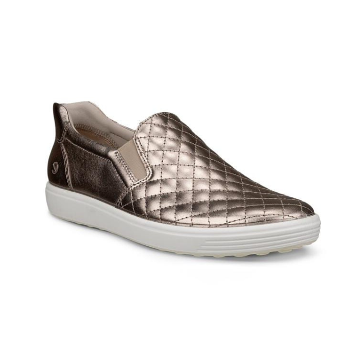 Metallic bronze slip-on sneaker with quilted stitching design and a white midsole.
