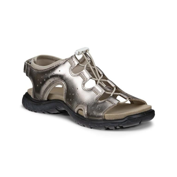 Bronze fisherman sandal with beige bungee laces, tan footbed and black outsole.