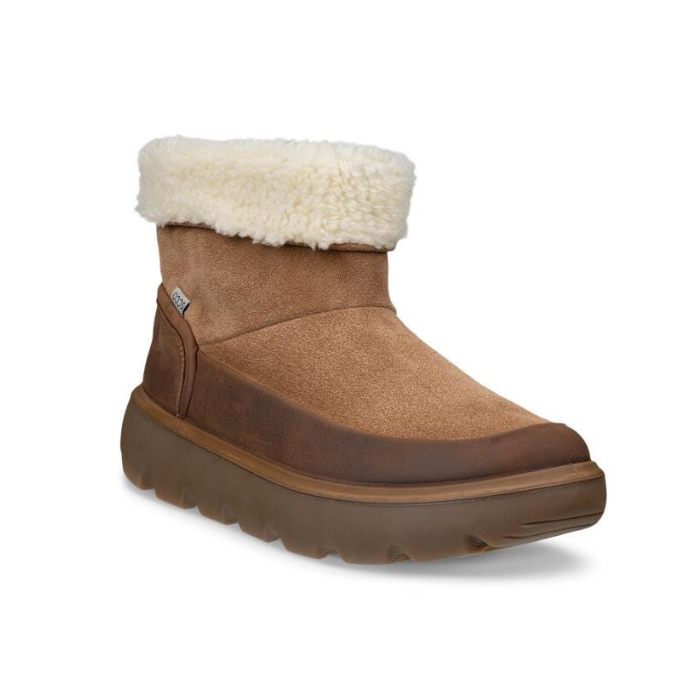 A brown suede ankle boot with a thick brown lugged outsole and a fluffy cream faux fur collar.