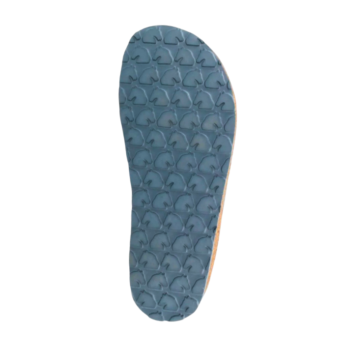 The textured blue outsole of clog, showing a repeating pattern of raised Horse heads, Haflinger logo as the tread.