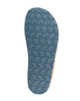 The textured blue outsole of clog, showing a repeating pattern of raised Horse heads, Haflinger logo as the tread.