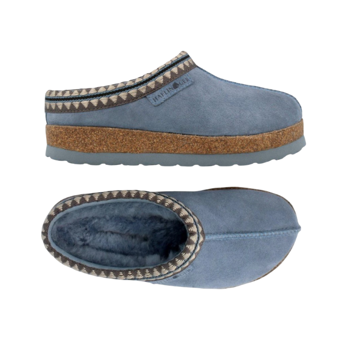 Pair of  blue platform suede clogs with Aztec pattern cuff, blue shearling lining, cork midsole and blue EVA outsole.