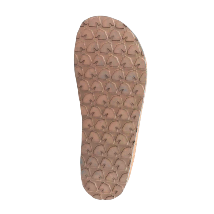 The textured tan outsole of clog, showing a repeating pattern of raised Horse heads, Haflinger logo as the tread.