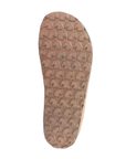 The textured tan outsole of clog, showing a repeating pattern of raised Horse heads, Haflinger logo as the tread.