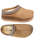 Pair of tan platform suede clogs with Aztec pattern cuff, blue shearling lining, cork midsole and tan EVA outsole.