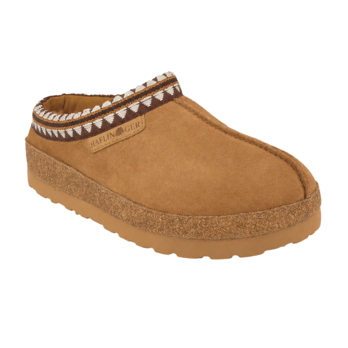 Tan platform suede clog with Aztec pattern cuff,  cork midsole and tan EVA outsole.