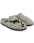 A pair of light gray felt slip-on slippers with embroidered bird with blue, yellow, and white details on a branch on one slipper, while the other has small black stitched bird footprints.