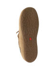 Outsole of moccasin with abstract tread pattern and Haflinger logo stamped in middle.