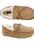 A pair of tan suede slip-on moccasins with a soft cream shearling lining, leather lacing and rubber outsole.