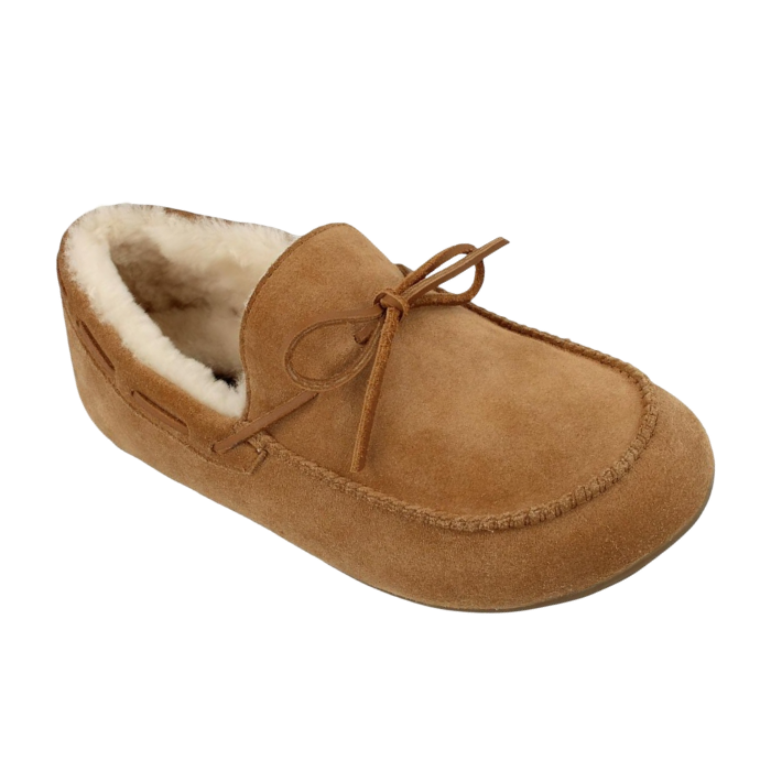 A single tan suede slip-on moccasin with a soft cream shearling lining, leather lacing and rubber outsole.