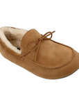 A single tan suede slip-on moccasin with a soft cream shearling lining, leather lacing and rubber outsole.
