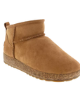 A  tan suede ankle boot with a cork midsole, moccasin style accent stitching and tan outsole.
