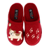A pair of red felt slip-on slippers with a small embroidered dog on one slipper and white paw prints on the other and  Haflinger tag on the footbed.