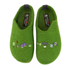 A pair of green felt clogs with embroidered gardening motifs on the toe box, Haflinger logo'd footbed and. grey heel counter.