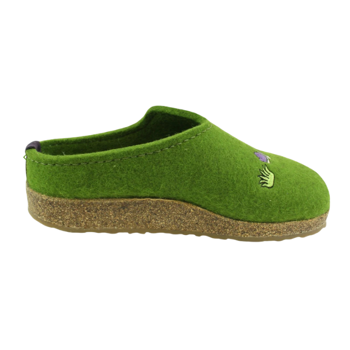 Green felt  clog with embroidered gardening motifs on the toe box, cork midsole and tan rubber outsole.