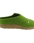 Green felt  clog with embroidered gardening motifs on the toe box, cork midsole and tan rubber outsole.
