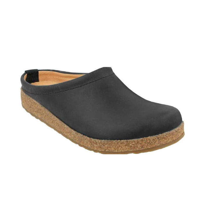 Phillip Leather Clog in black. A black nubuck upper with a cork midsole and a brown rubber outsole. 
