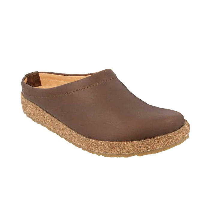 Phillip Leather Clog in brown. Brown nubuck upper with a cork midsole and brown rubber outsole. 