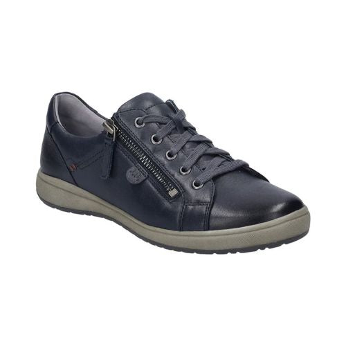 A dark navy leather sneaker with navy laces, a side zipper, and pewter hardware. Midsole is grey, outsole is black. 