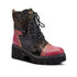 Women's L'Artiste Severe ankle boot in black and red with hand-painted leather, floral embossing, and studded accents for a bold combat style.