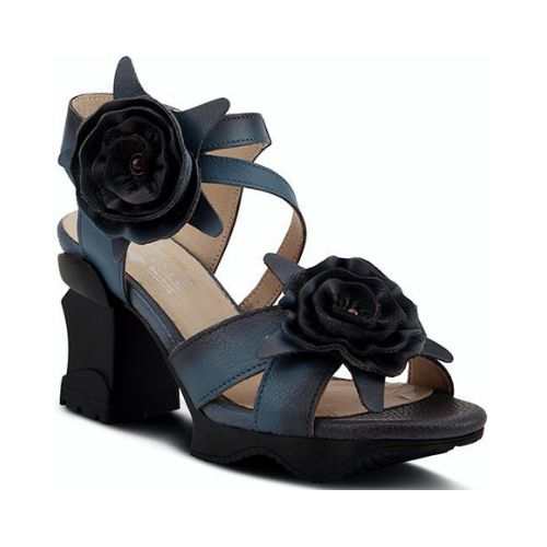 Heeled sandals in hand-painted deep blue leather with 3D flower accents and a sculpted black wedge heel.
