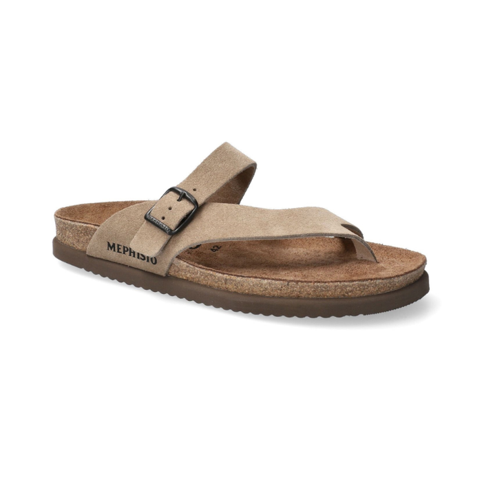 Thong Footbed Sandal in beige suede leather with black buckle strap, tan Mephisto logo'd suede lined cork footbed and brown flat outsole.