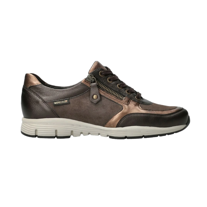 Women's Mephisto Ylona Lace-Up Sneakers - Soft-Air Comfort in bronze and brown, with metallic accents and ergonomic design for daily wear.
