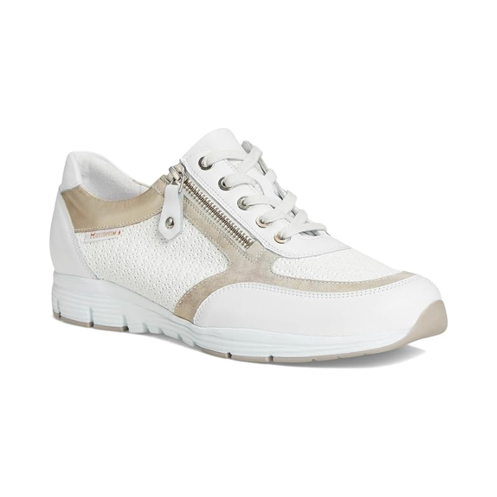 Women's Mephisto Ylona Lace-Up Sneakers - Soft-Air Comfort in white and beige tones, featuring breathable mesh and shock-absorbing outsole.