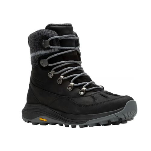 Black leather Mid Zip Boot with black accents, dark grey knit cuff, hiker laces and a rugged Vibram outsole.