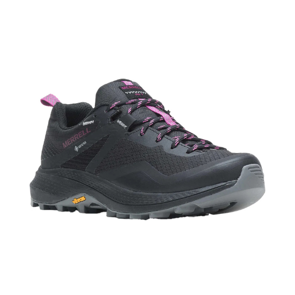Women's Merrell MQM 3 GTX Hiking Waterproof Shoe in black with pink accents, designed for outdoor use with Vibram sole and waterproof Gore-Tex lining.