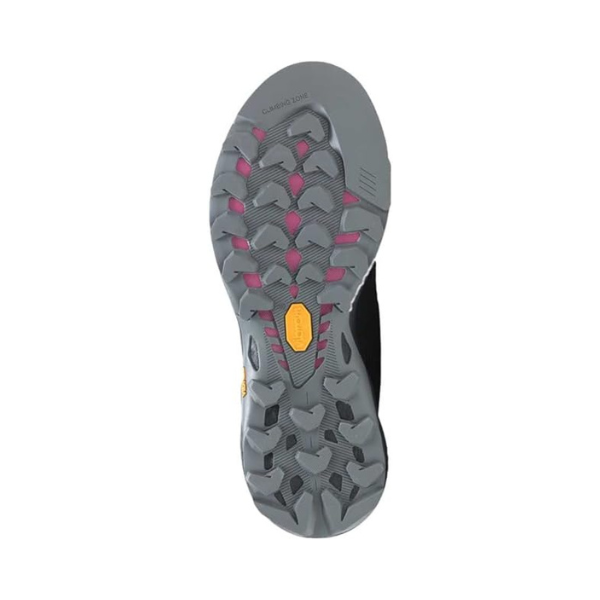 Outsole of Women's Merrell MQM 3 GTX Hiking Waterproof Shoe featuring Vibram traction lugs and durable grip for rugged outdoor terrain.