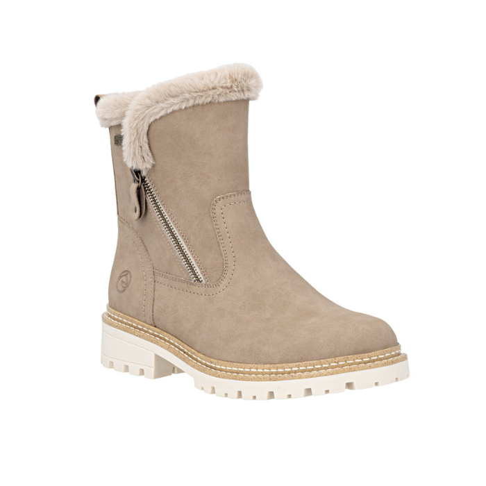Beige winter boot with fur trim, detail stitching and white lugged outsole.