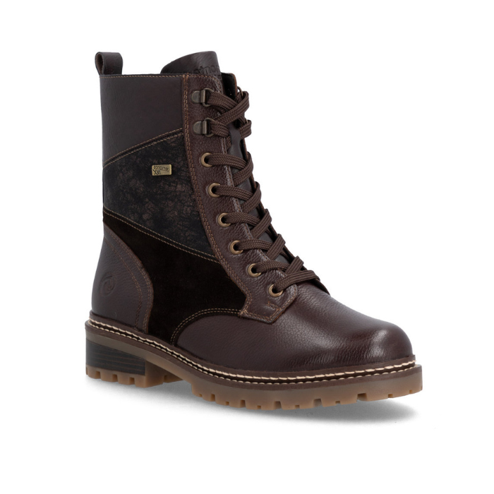 Dark brown mid-calf boot with suede or bronze dusted accent panels, brown laces and treaded outsole with low heel.