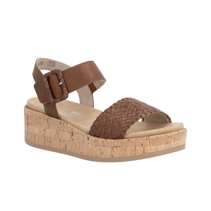 Brown wedge sandal with  black woven toe strap, buckled back strap, tan Remonte logo's footbed, faux cork midsole and tan outsole.