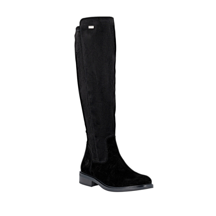 Black suede knee high boot with black low heel outsole.