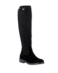 Black suede knee high boot with black low heel outsole.