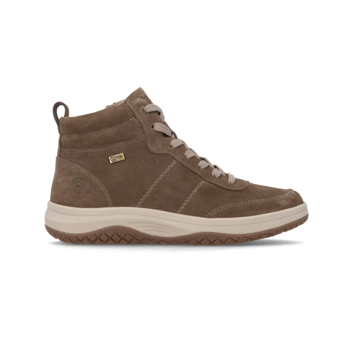 A tan suede high-top sneaker with beige laces, white accent stitching, a thick white midsole, and a tan outsole.