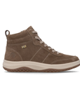 A tan suede high-top sneaker with beige laces, white accent stitching, a thick white midsole, and a tan outsole.