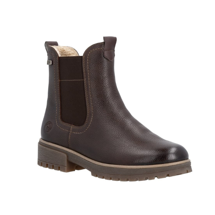 A brown pebbled leather Chelsea boot with a dark brown elastic side panel and a chunky brown lug outsole.