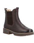 A brown pebbled leather Chelsea boot with a dark brown elastic side panel and a chunky brown lug outsole.