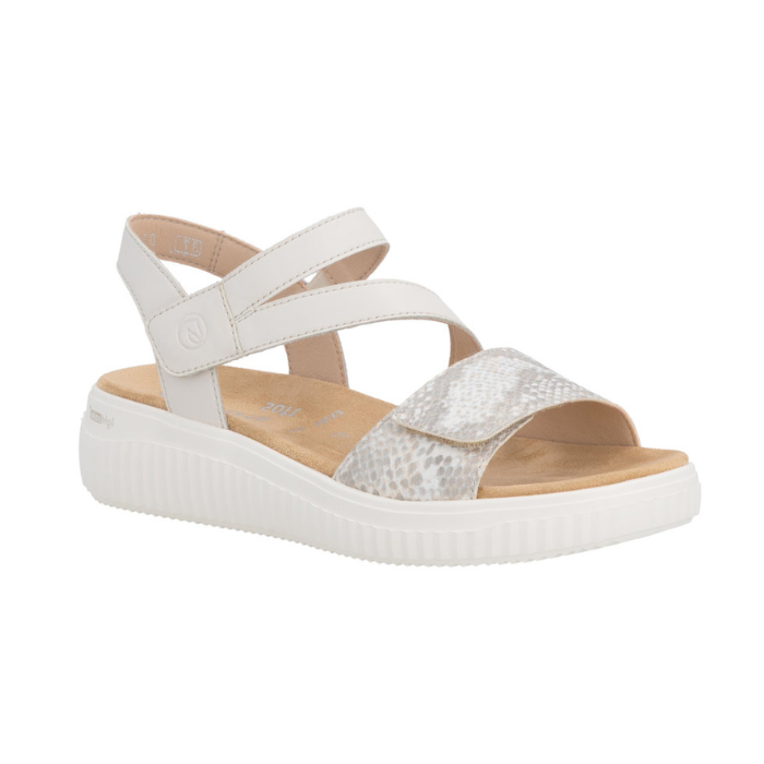 White backstrap sandal with Velcro  split strap, snake print  strap, tan Remonte logo'd footbed, and thick ribbed white outsole.