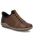 A brown leather low-top sneaker with matching brown laces, black collar lining, and a textured brown and black sole, shown on a white background.