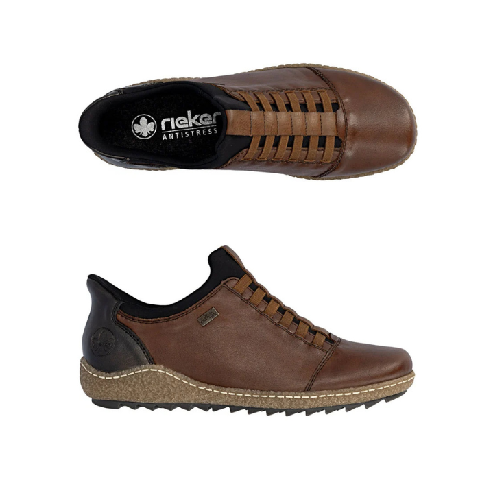 A pair of Rieker low-top casual shoes shown from the top and side views against a plain white background. The shoes are primarily brown leather with black heel panels, black laces, and a tan midsole.
