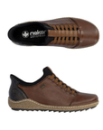 A pair of Rieker low-top casual shoes shown from the top and side views against a plain white background. The shoes are primarily brown leather with black heel panels, black laces, and a tan midsole.